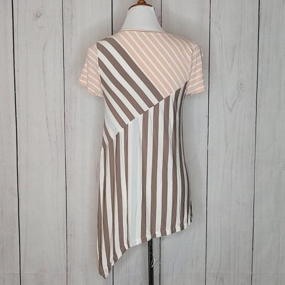 Little Yellow Button‎ Asymmetrical Stripe Tunic Top Women M Peach Brown White - Picture 6 of 8